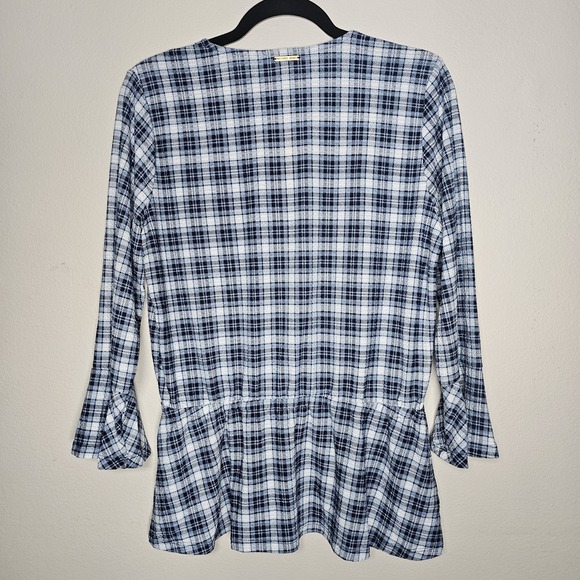 Michael Kors Women's Large Plaid Bell-Sleeve Top Chambray‎ V-Neck - Picture 3 of 9